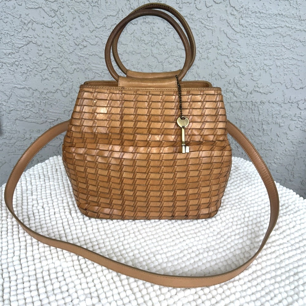 Vtg Fossil 75082 Leather Woven Crossbody Satchel Bag Caramel 1954 Collection
